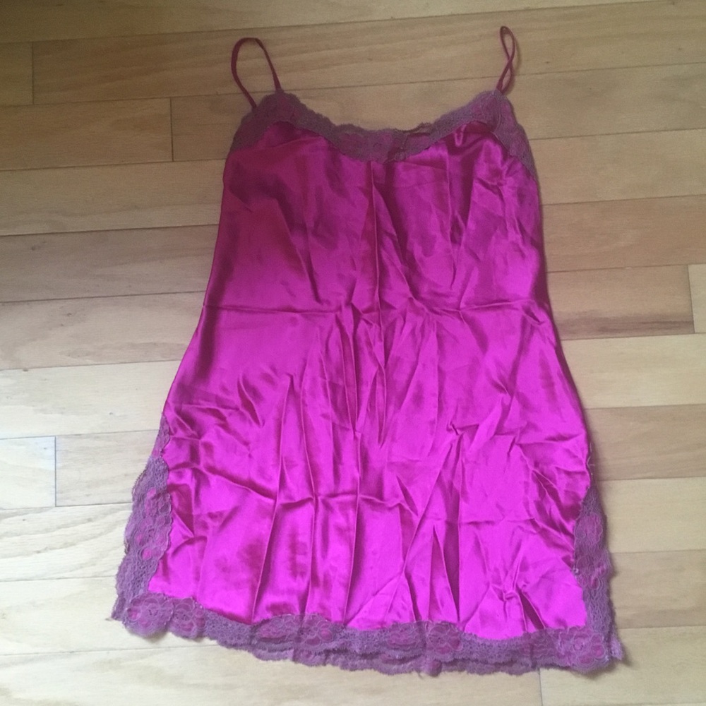 Victoria Secret Vintage Pink Satin Slip Dress with Brown Lace Slits